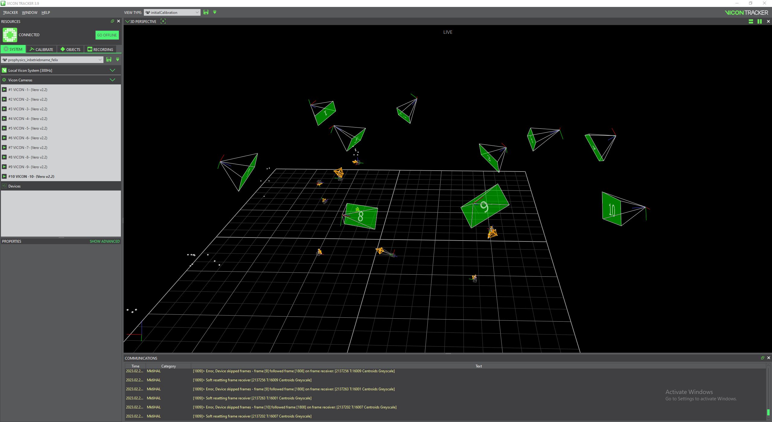 Screenshot of Vicon Tracker software visualising cameras and objects.